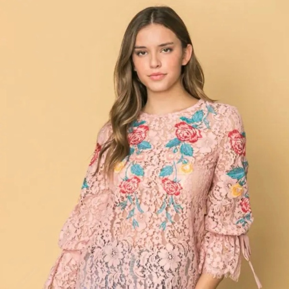 Women’s CHAMPAGNE & STRAWBERRY Floral Lace Body Embroidered Floral Top Size S